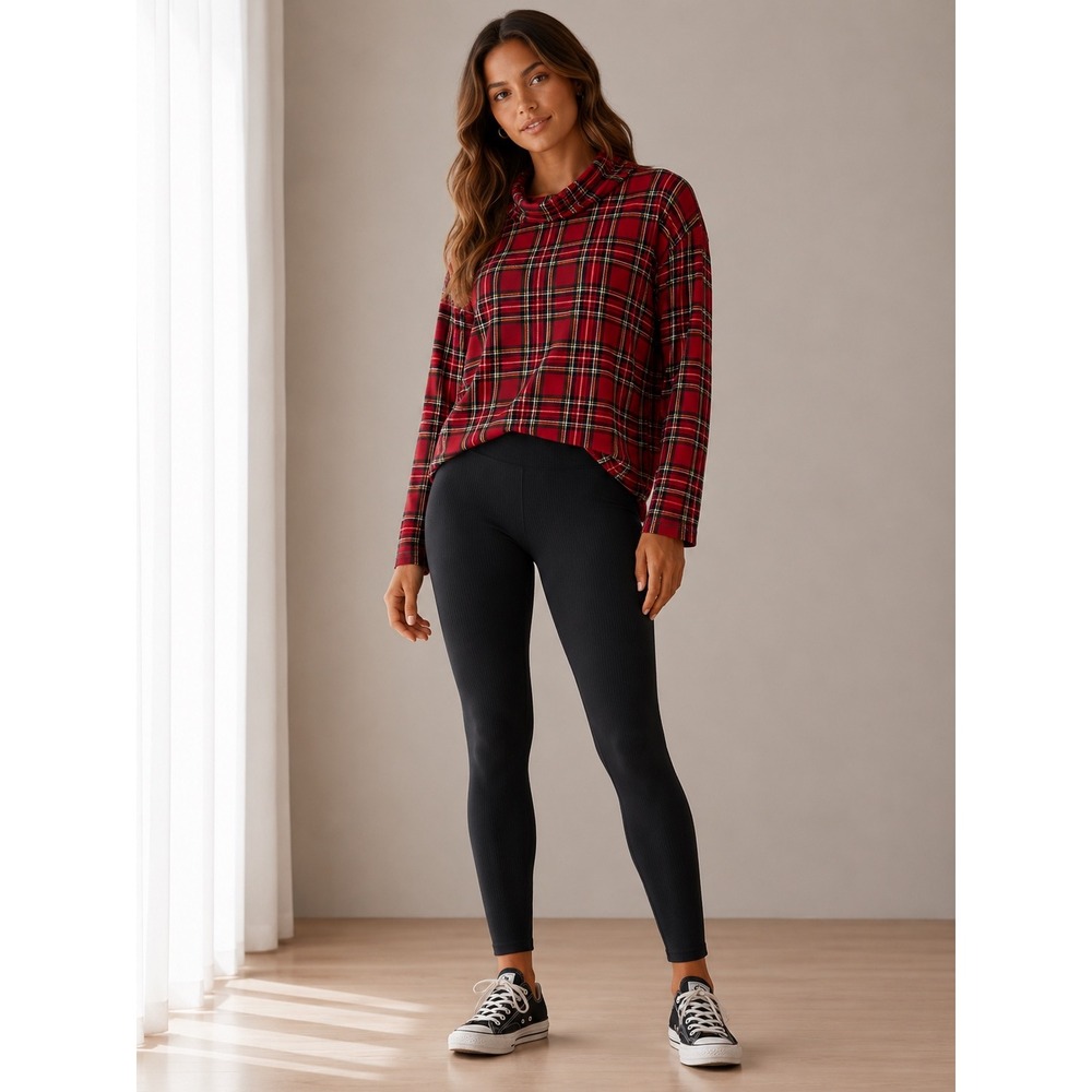 Talbots Tee Womens‎ XL Red Plaid Long Sleeve Turtleneck Cotton Blend Top Q98